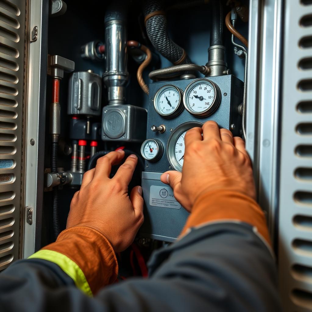 HVAC technician repairing furnace components